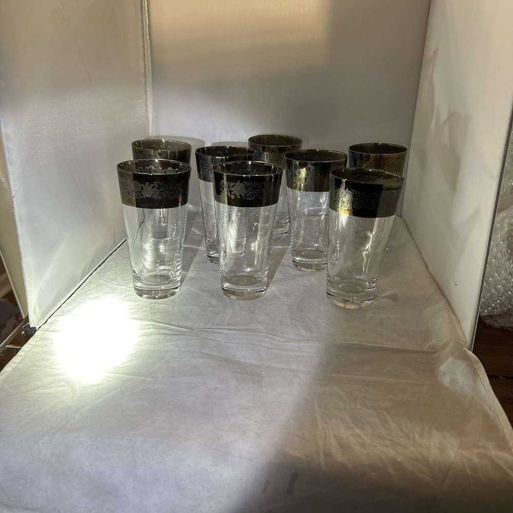 Set of 8 MCM Rose Floral Dorothy Thorpe Silver Rim Highball Tumblers